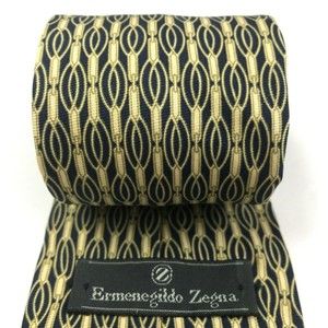 Ermenegildo Zegna Beige/Light Gold Navy Blue 100% Silk Necktie Made in Italy 56"